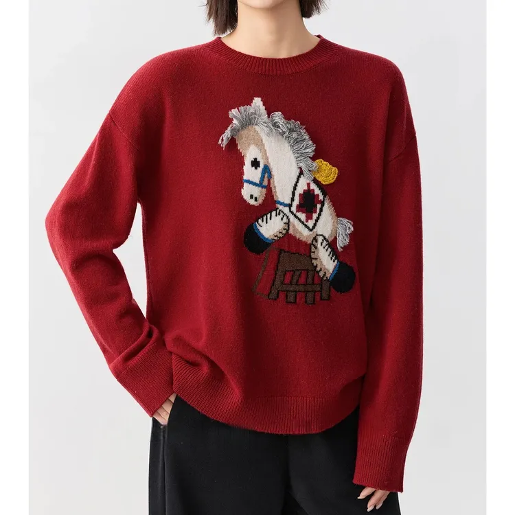 小马提花圆领宽松针织毛衣女秋冬新款勾花流苏减龄内搭打底上衣