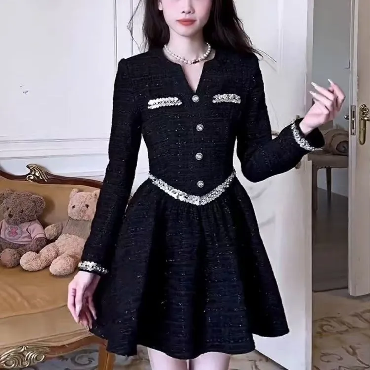 小香风名媛连衣裙2025秋冬新款大码加棉小洋装收腰显瘦小黑裙女