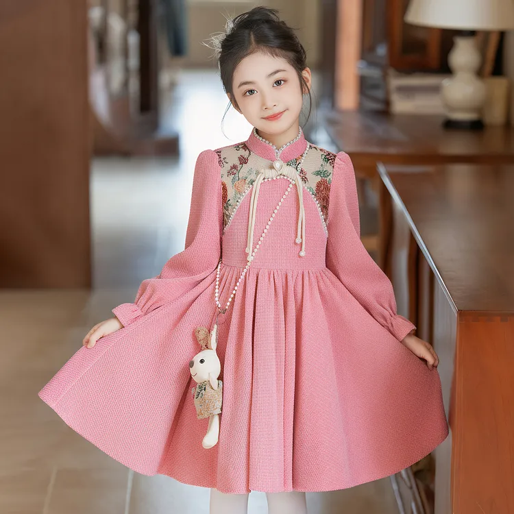 女童秋冬连衣裙长袖儿童新中式国风唐装小女孩公主裙红色裙子洋气