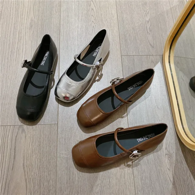 玛丽珍鞋浅口搭扣单鞋女2025春季新款韩版方头平底软底舒适豆豆鞋