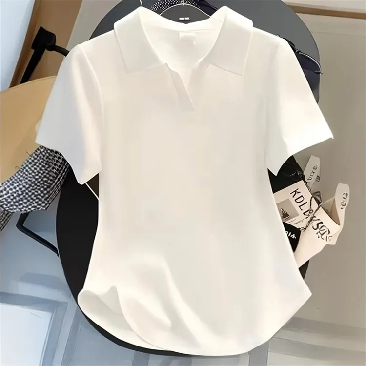 POLO领休闲简约T恤小众设计弧形下摆百搭上衣国风印花潮流短袖女