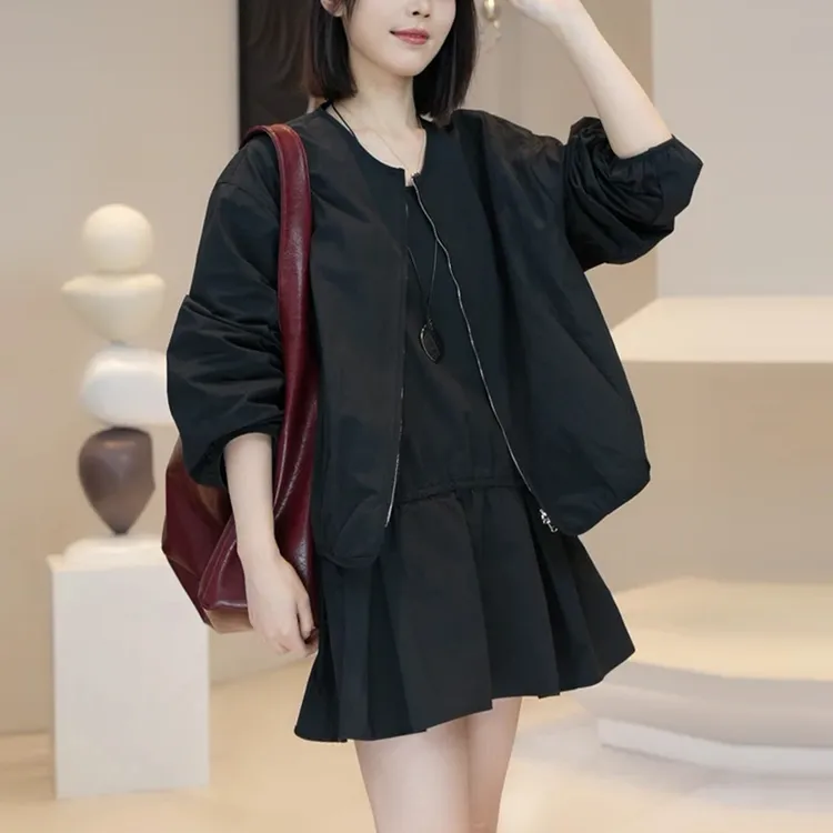 2025年春秋新款显瘦套装女高级感复古简约拉链外套连衣裙两件套潮