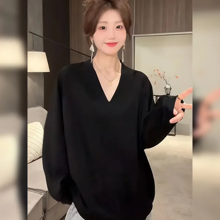胖mm特大码女装黑色v领套头卫衣女早秋季宽松显瘦巨好看无帽上衣
