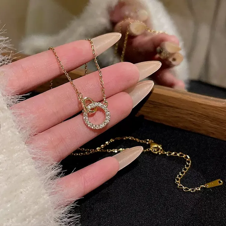 钛钢项链  双圆环相扣项链女几何圆环拼接设计感锁骨链时尚百搭