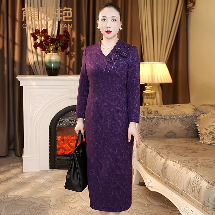 高贵优雅气质连衣裙修身显瘦中长款大码妈妈装时尚百搭女士直筒裙