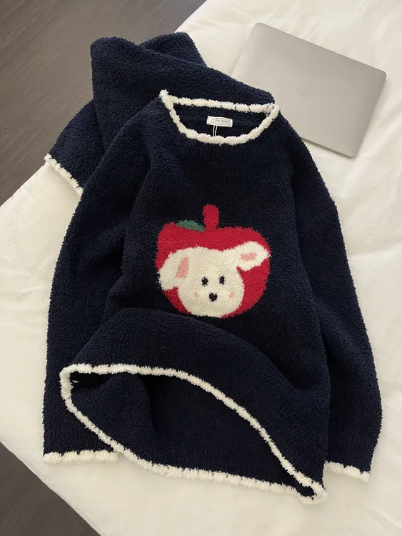 【DMXJ大梦想家】韩版苹果卡通半边绒睡衣女秋冬新款保暖家居服套装