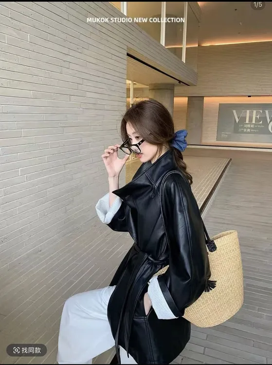 韩版长袖时尚2025秋季西装领口袋常规翻领系带皮衣8003