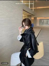 韩版长袖时尚2025秋季西装领口袋常规翻领系带皮衣8003