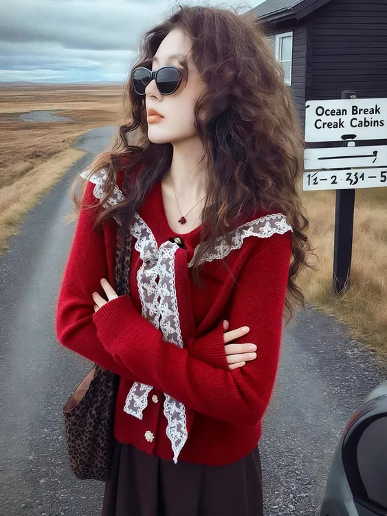 氛围感红色蕾丝披肩针织衫长袖女秋冬新款高级感软糯显白毛衣上衣