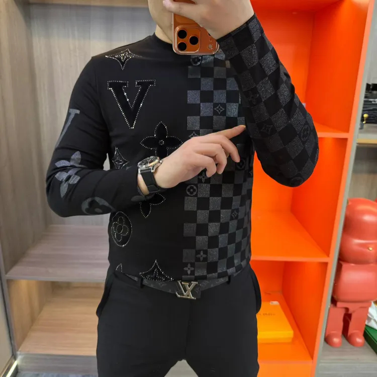 半高领长袖免烫印花T恤上衣潮流秋季男士时尚休闲百搭修身秋冬