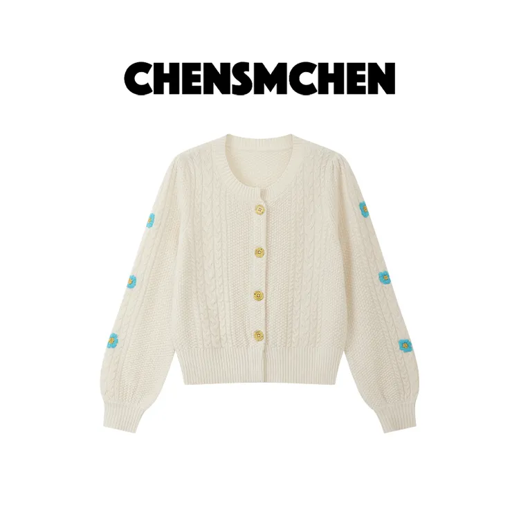 CHENSMCHEN 100%绵羊毛精致小花针织衫女时尚慵懒感开衫CSZ8288SL