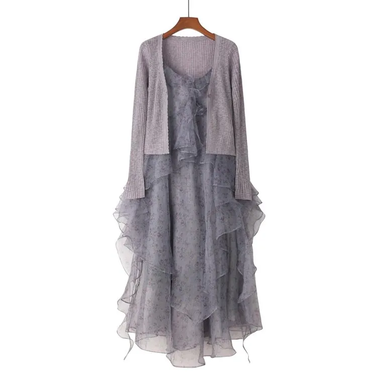 棉汐圣迪家奥23春新不规则印花欧根纱荷叶吊带针茶歇法式连衣裙