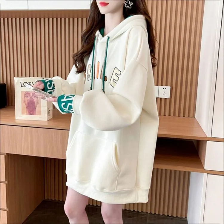 韩版百搭时尚亮片刺绣拼色连帽卫衣女春秋季爆款中长款休闲洋气女