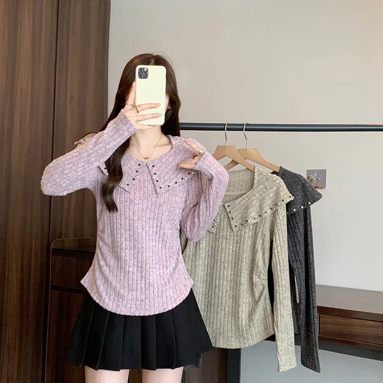 2025秋装胖mm大码纯欲风气质百搭收腰翻领打底衫A2413