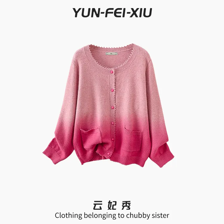云妃秀大码女装针织衫圆领开衫时尚休闲宽松显瘦遮肉胖妹妹秋2606