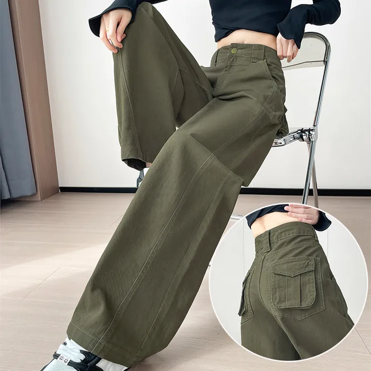 军绿色休闲工装牛仔裤女2025秋季潮流穿搭梨型身材阔腿宽松弯刀裤