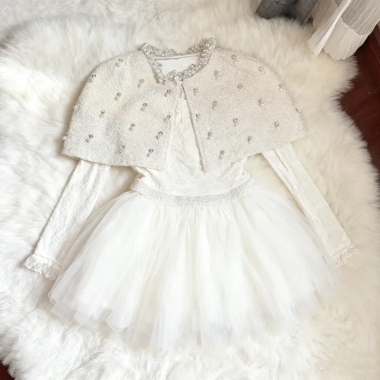 现货SISI酱"京都贵女"富家千金气质收腰小香风斗篷连衣裙两件套装