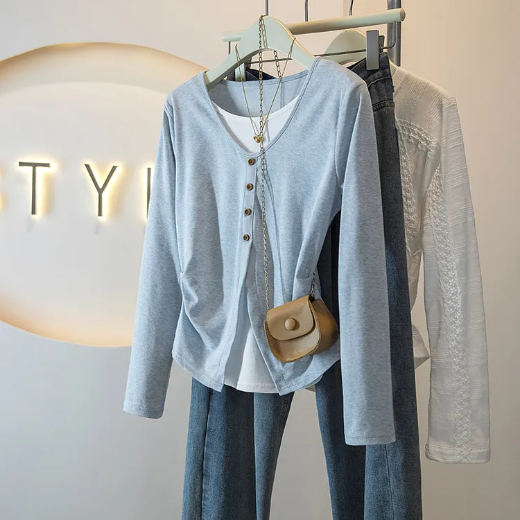 MISU/糜素假两件浅蓝色正肩长袖T恤秋冬大码胖mm掐腰不规则上衣