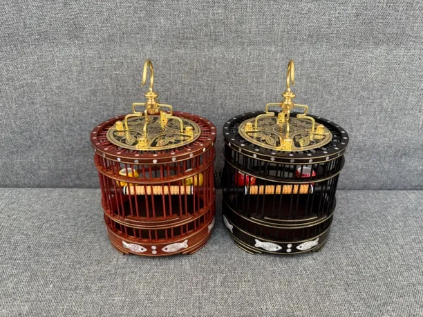 高档蝈蝈笼手工制作双铜线镶嵌小鱼带食碗带杠