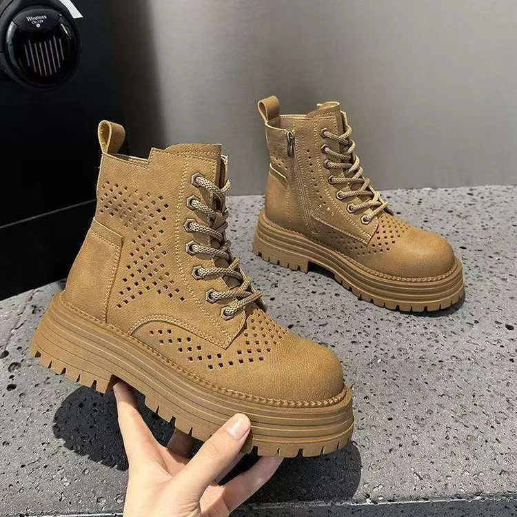 大黄靴女高定镂空马丁靴2025新款女靴洞洞复古风增高5cm女短靴A19