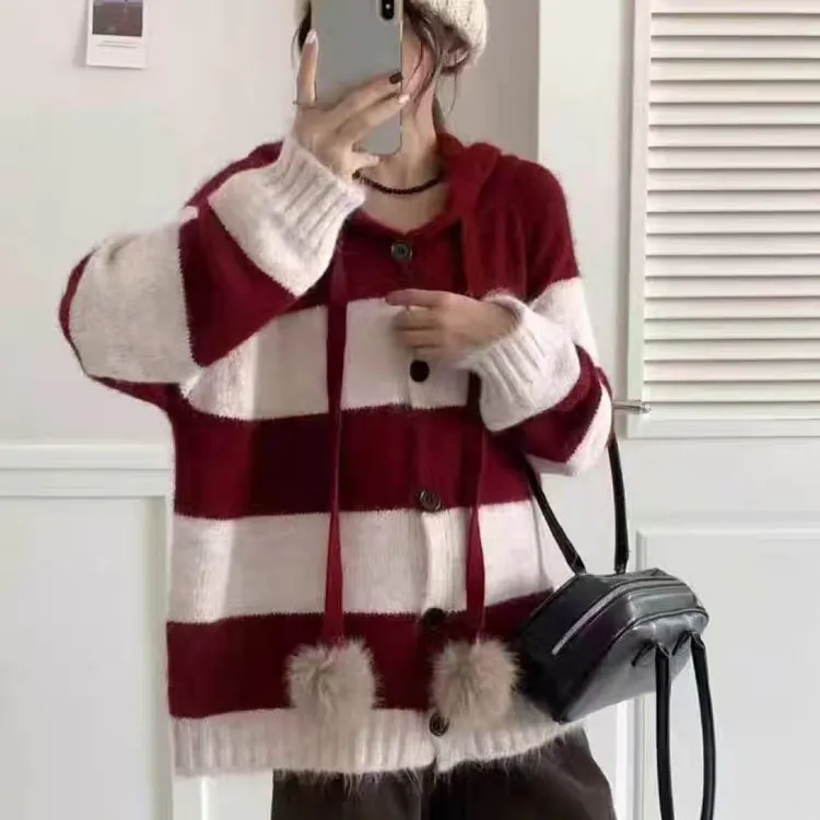 韩系学院风撞色条纹连帽毛衣女秋冬慵懒风高级感宽松针织开衫外套