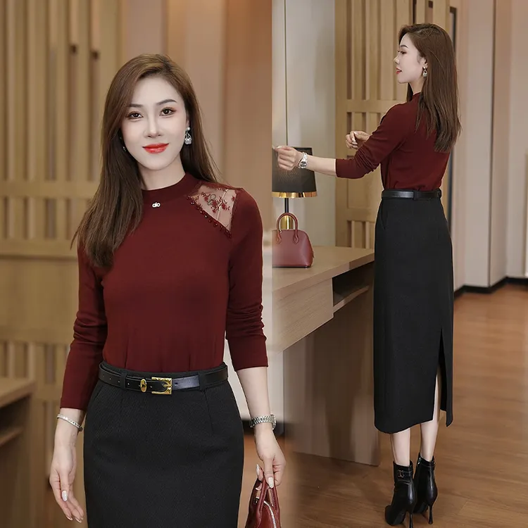 时尚蕾丝镂空打底衫女2025秋季新款洋气显瘦百搭拼接长袖T恤上衣