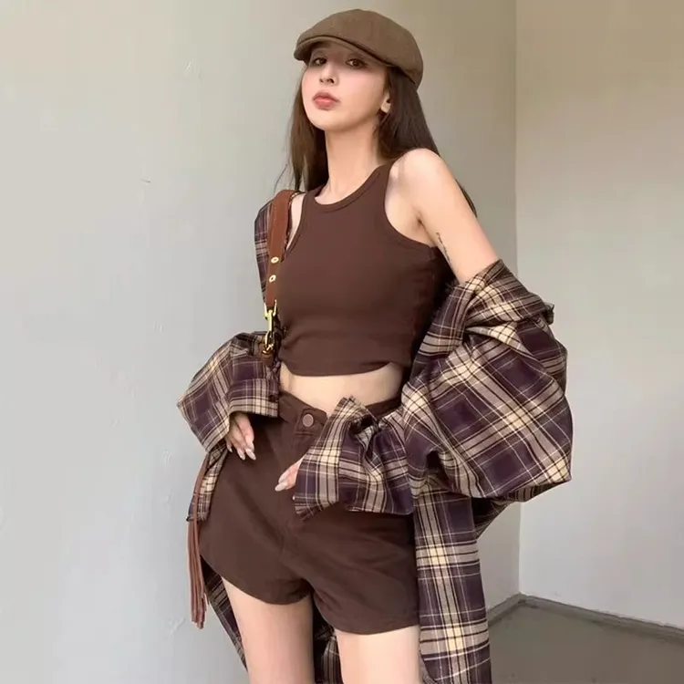 美拉德咖色格子衬衫女早秋韩系穿搭慵懒风衬衣外套小个子上衣开衫