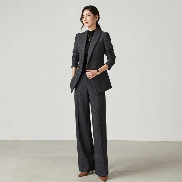 冬季羊毛加厚人字纹深灰色西装套装女职业正装老钱风通勤西服外套