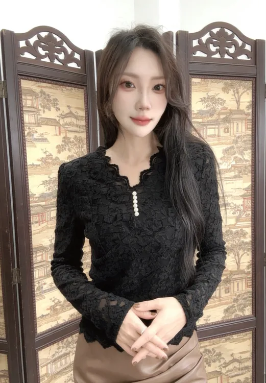 纤姑娘V领蕾丝衫长袖纯色蕾丝修身型勾花镂空打底衫百搭气质上衣