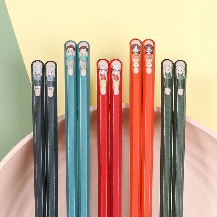 家庭指甲筷双装防潮防滑五色分餐筷防滑人物风景合金筷子吸卡装