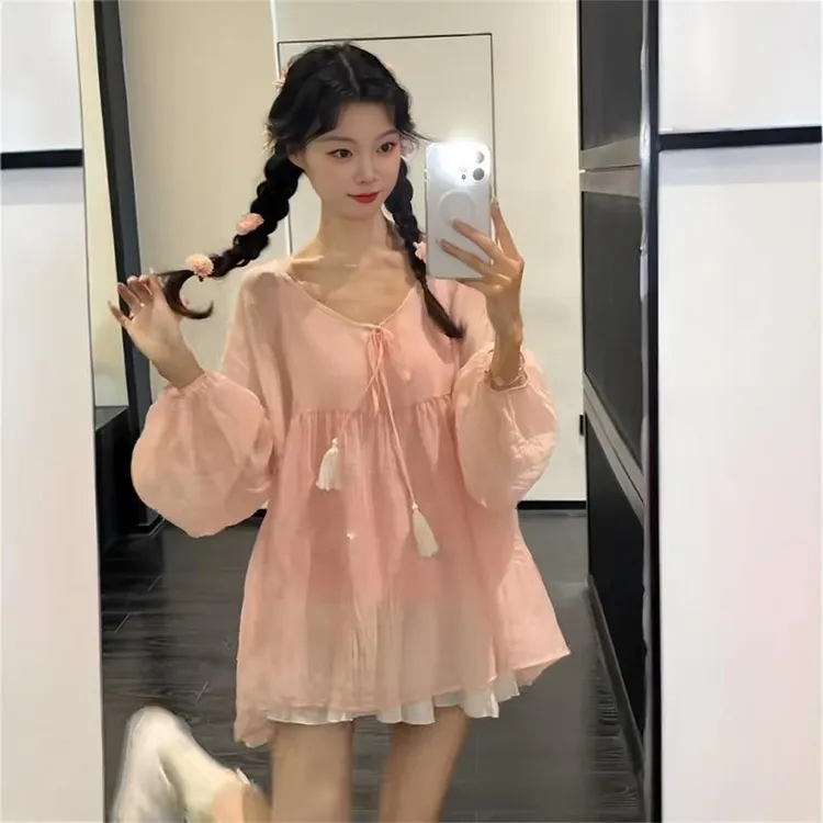 温柔风甜美泡泡袖薄款雪纺衬衫女春季2025新款宽松中长款防晒上衣
