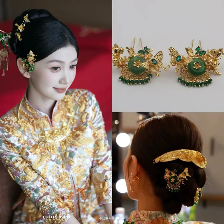 ETE-11921新娘头饰中式秀禾金绿色小侧边一对