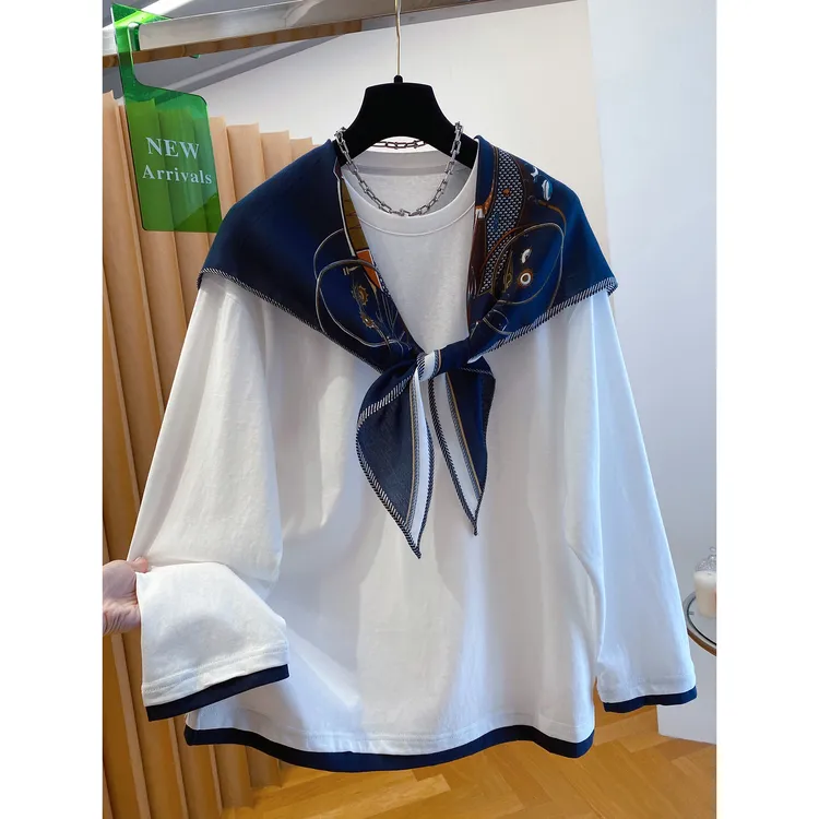 胖妹妹240斤大码高级感披肩t恤女长袖秋季宽松独特别致两件套上衣