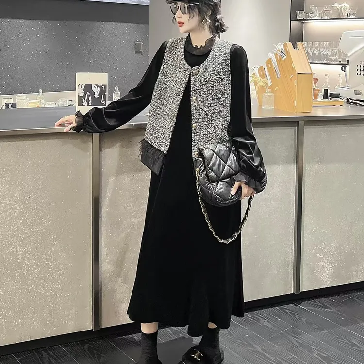 秋季醋酸韩国绒连衣裙小香风马甲两件套时尚气质轻奢遮肉显瘦套装