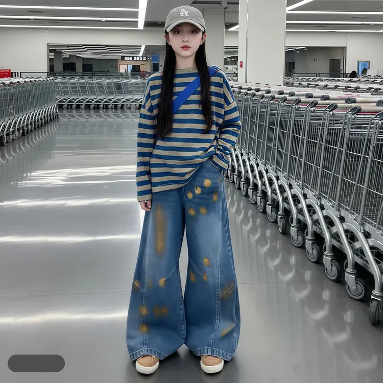 女童春秋季条纹套装2025新款韩系中大童洋气女孩牛仔阔腿裤两件套