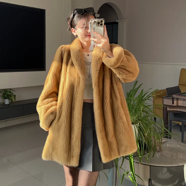 夕阳落日 复古挽袖进口小母貂皮草女中长款水貂大衣外套
