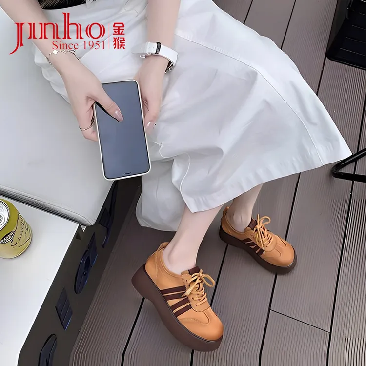 Jinho/金猴春秋百搭真皮厚底德训鞋厚底女士休闲板鞋潮鞋Q18125B