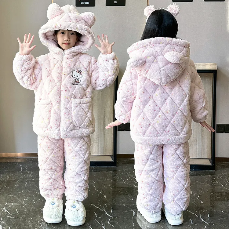冬季女童三层夹棉法兰绒睡衣套装大童女孩加绒加厚儿童保暖家居服