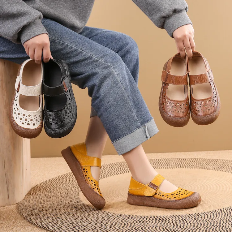 真皮浅口中老年女单鞋圆头舒适透气镂空皮鞋夏季防滑平底休闲女鞋