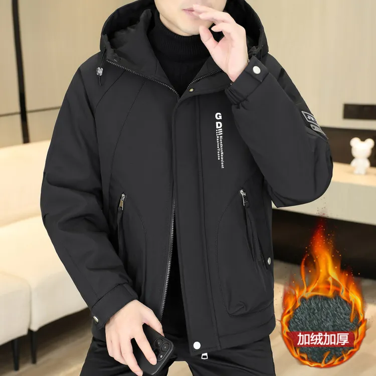 男士加绒夹克男士冬2025新款连帽休闲宽松冬季中老年加厚保暖外套