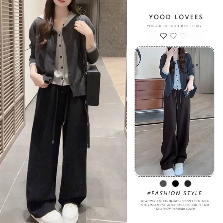 韩系别致一整套女2025春秋新款单排扣假两件连帽毛衣阔腿裤两件套