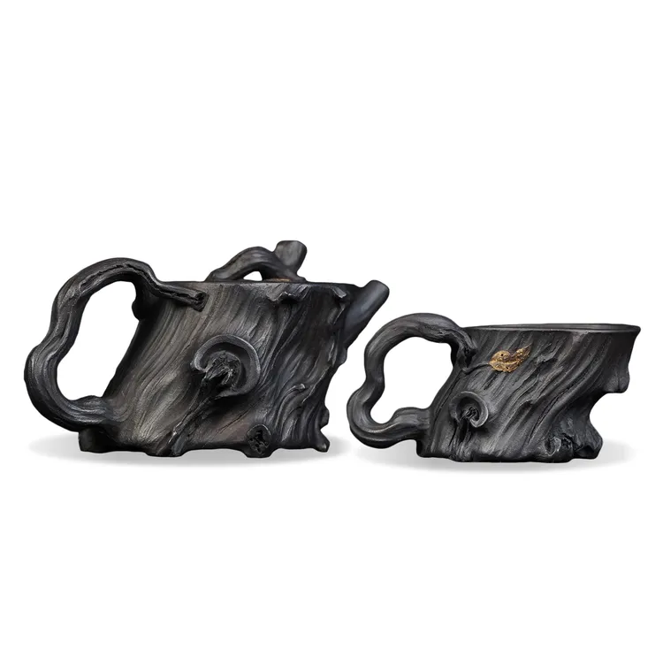 全手工花器名家钱老师老一厂黑料崖柏套组壶纯全手工宜兴紫砂壶