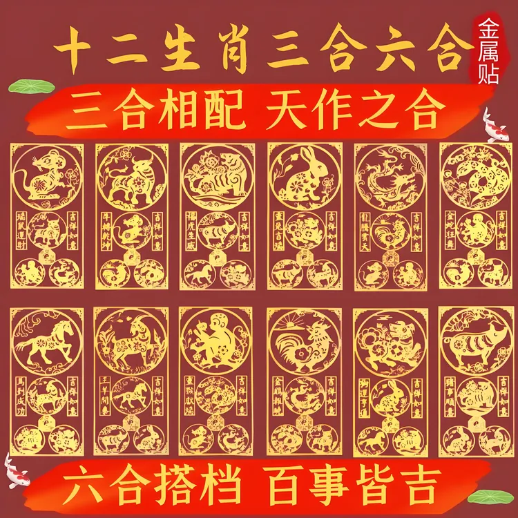 新年蛇年十二生肖三合六合金属贴纸中国风三合六合创意贴饰生肖贴