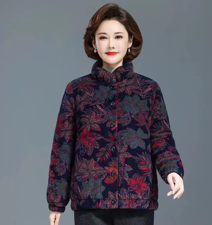 中老年妈妈冬装棉服女奶奶纯棉加棉上衣灯芯绒印花宽松厚棉衣外套