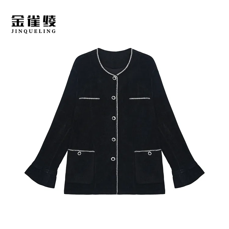 金雀绫【暗夜佳人】小香风设计款黑色百搭加宽加大外套SZA3TW605