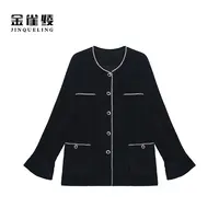 金雀绫【暗夜佳人】小香风设计款黑色百搭加宽加大外套SZA3TW605