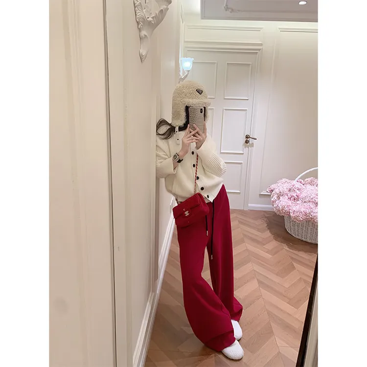 韩系休闲百搭洋气设计感小众纽扣长袖上衣高腰垂感直筒裤长裤套装