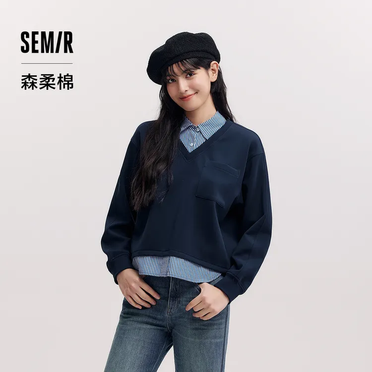 森柔棉|商场同款新品森马卫衣女假两件条纹2025翻领开叉宽松春装