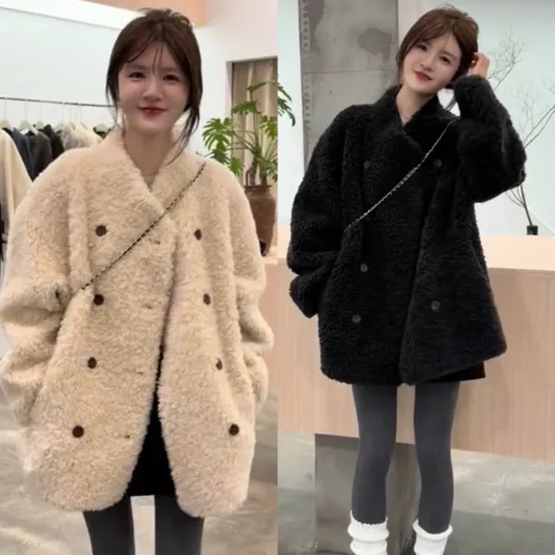 双排扣加厚保暖气质皮毛一体外套女2025冬季新款小个子洋气大衣潮