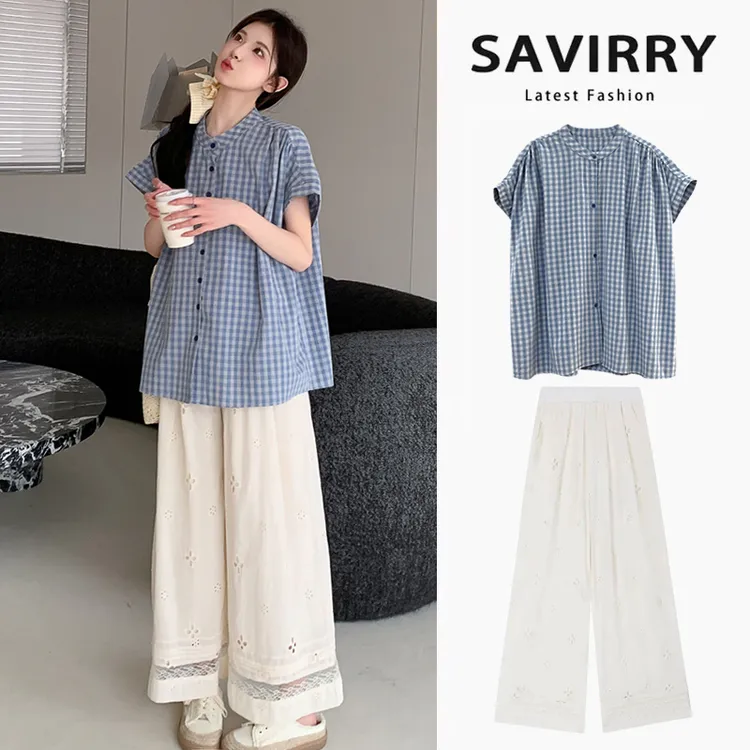 孕妇装夏装2025新款套装短袖纯棉格子娃娃衬衫上衣阔腿裤两件套